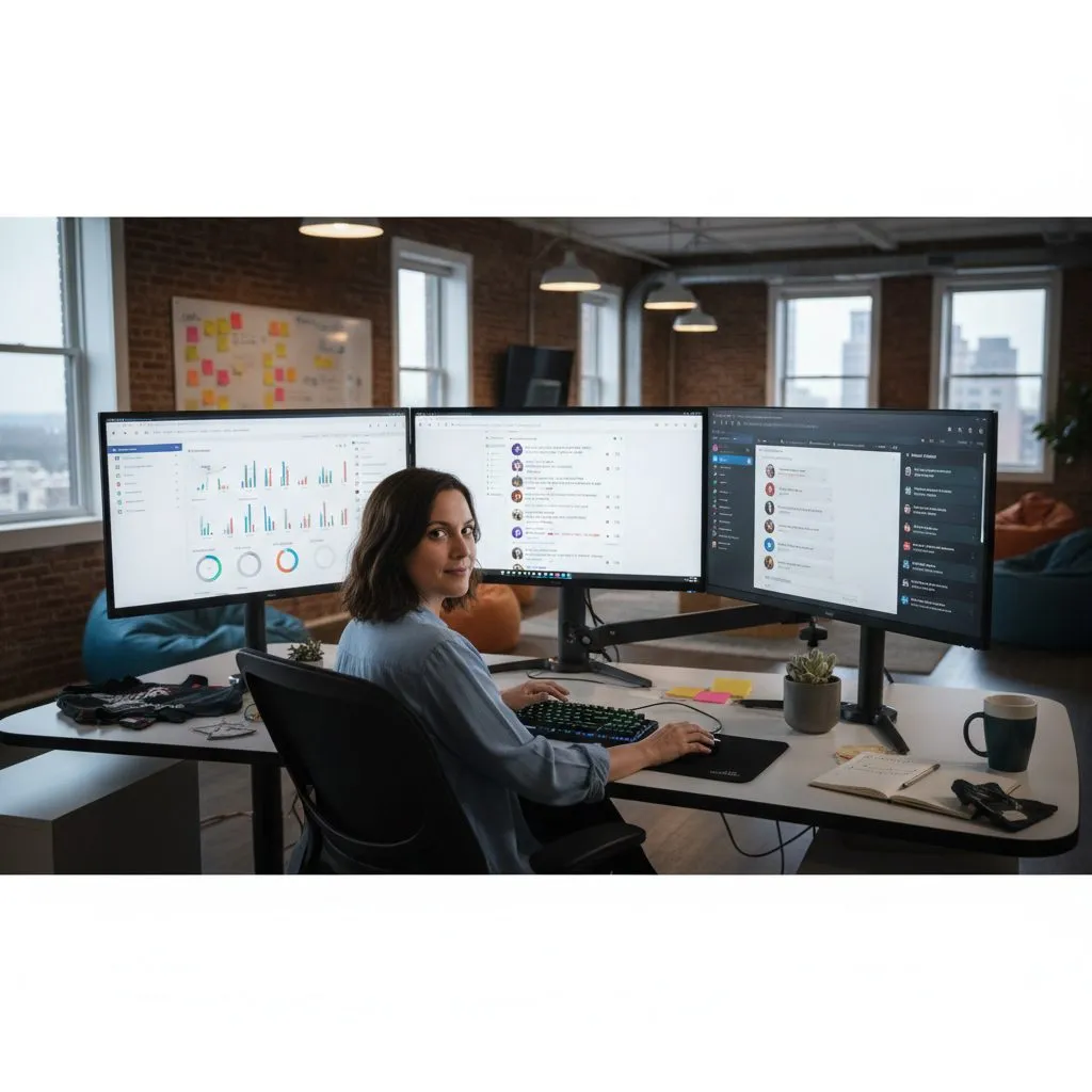 Community manager gérant plusieurs réseaux sociaux depuis son bureau