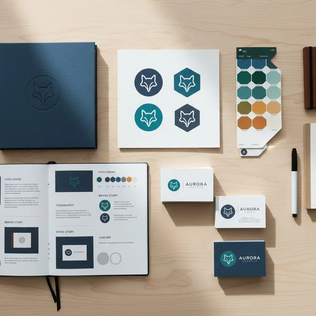 Éléments de design identité visuelle avec logo palette couleurs et carte de visite