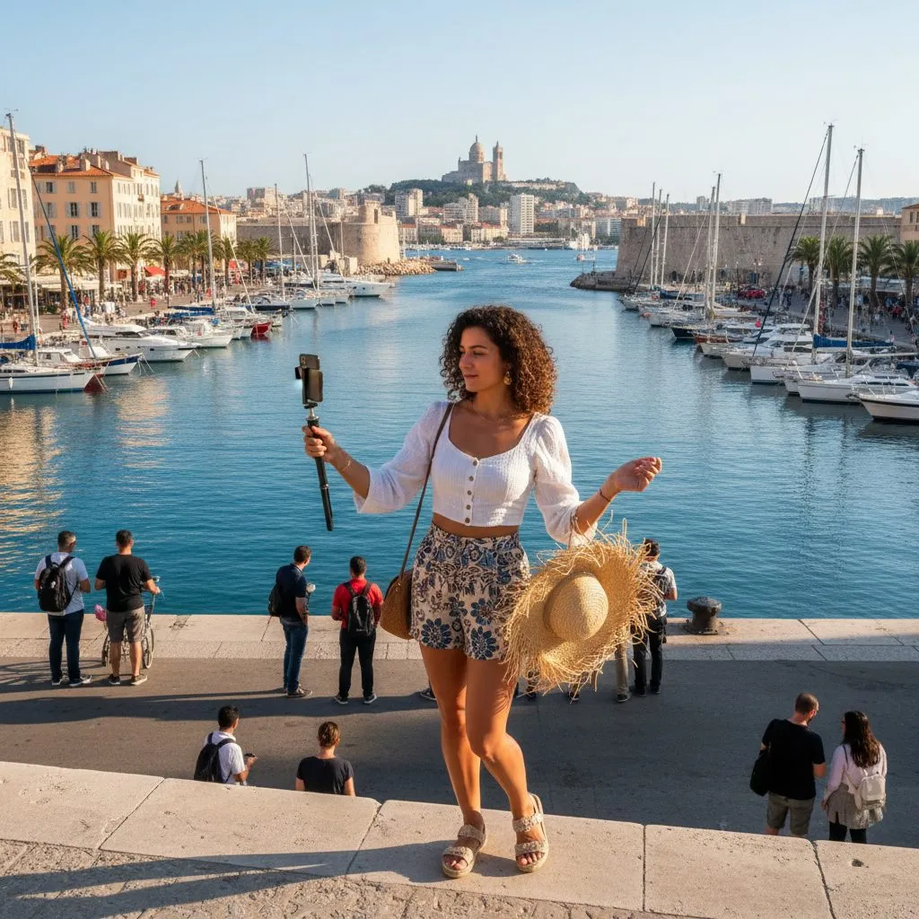 Influenceuse locale créant du contenu au Vieux-Port de Marseille