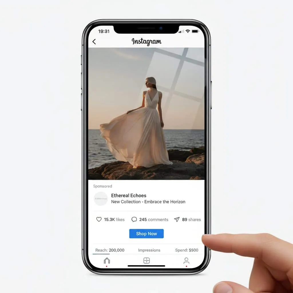 Interface publicitaire Instagram sur smartphone avec métriques engagement