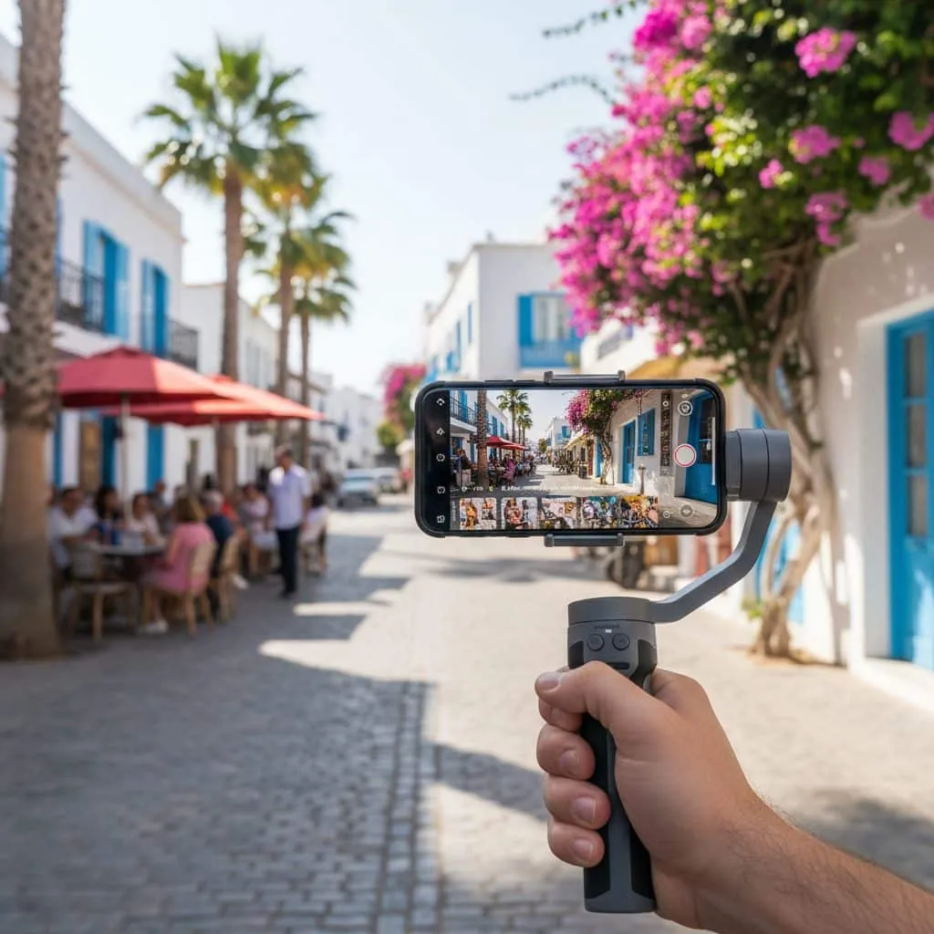 Smartphone sur gimbal filmant un Reel en extérieur dans une rue méditerranéenne