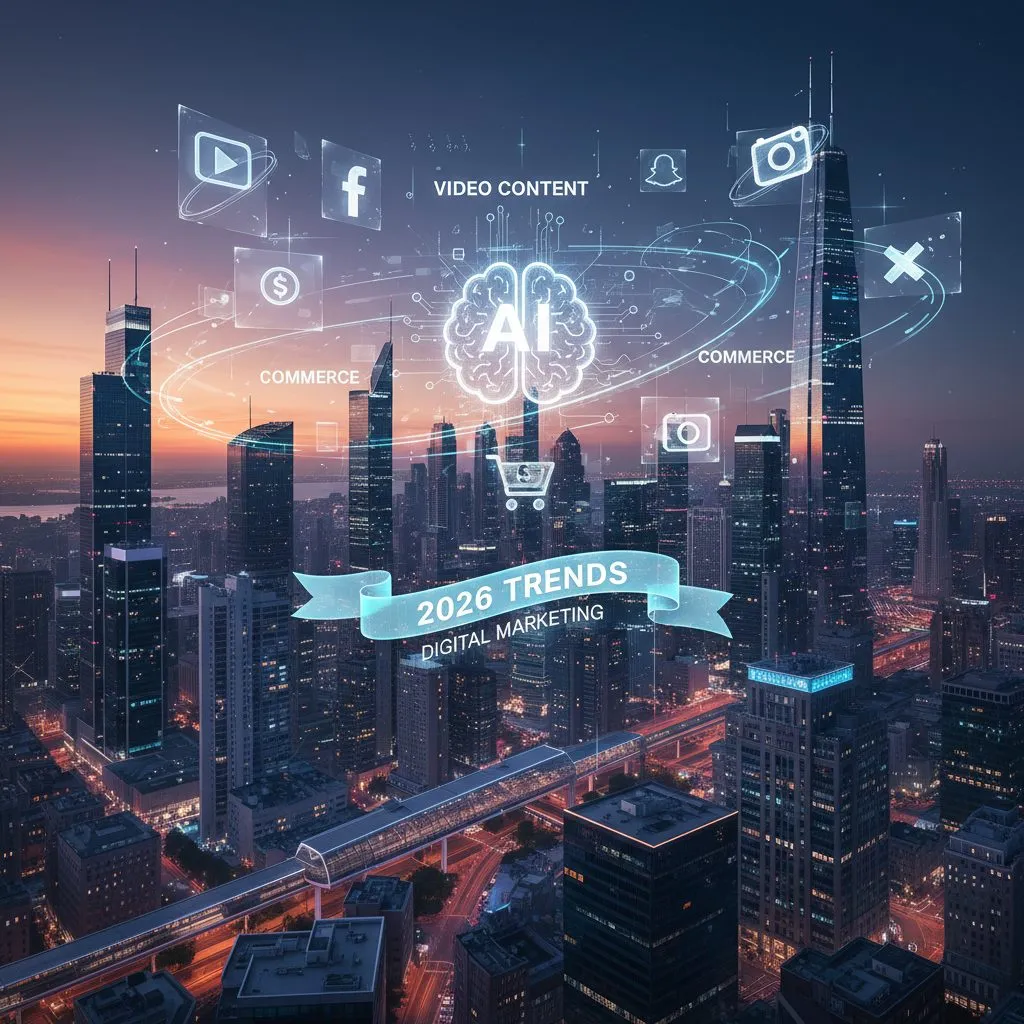 Tendances marketing digital 2026 avec icônes futuristes