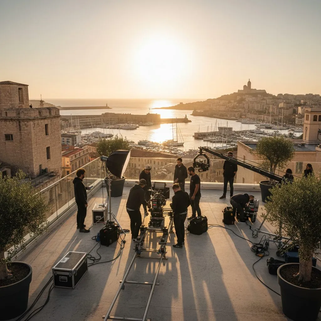 Tournage vidéo professionnel sur une terrasse avec vue sur le port de Marseille