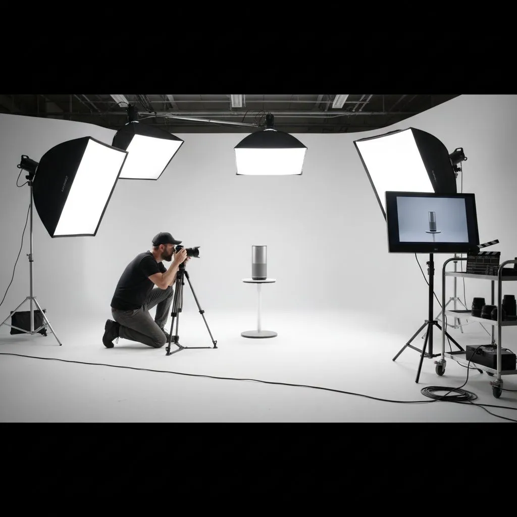 Vidéographe filmant un produit en studio avec éclairage professionnel